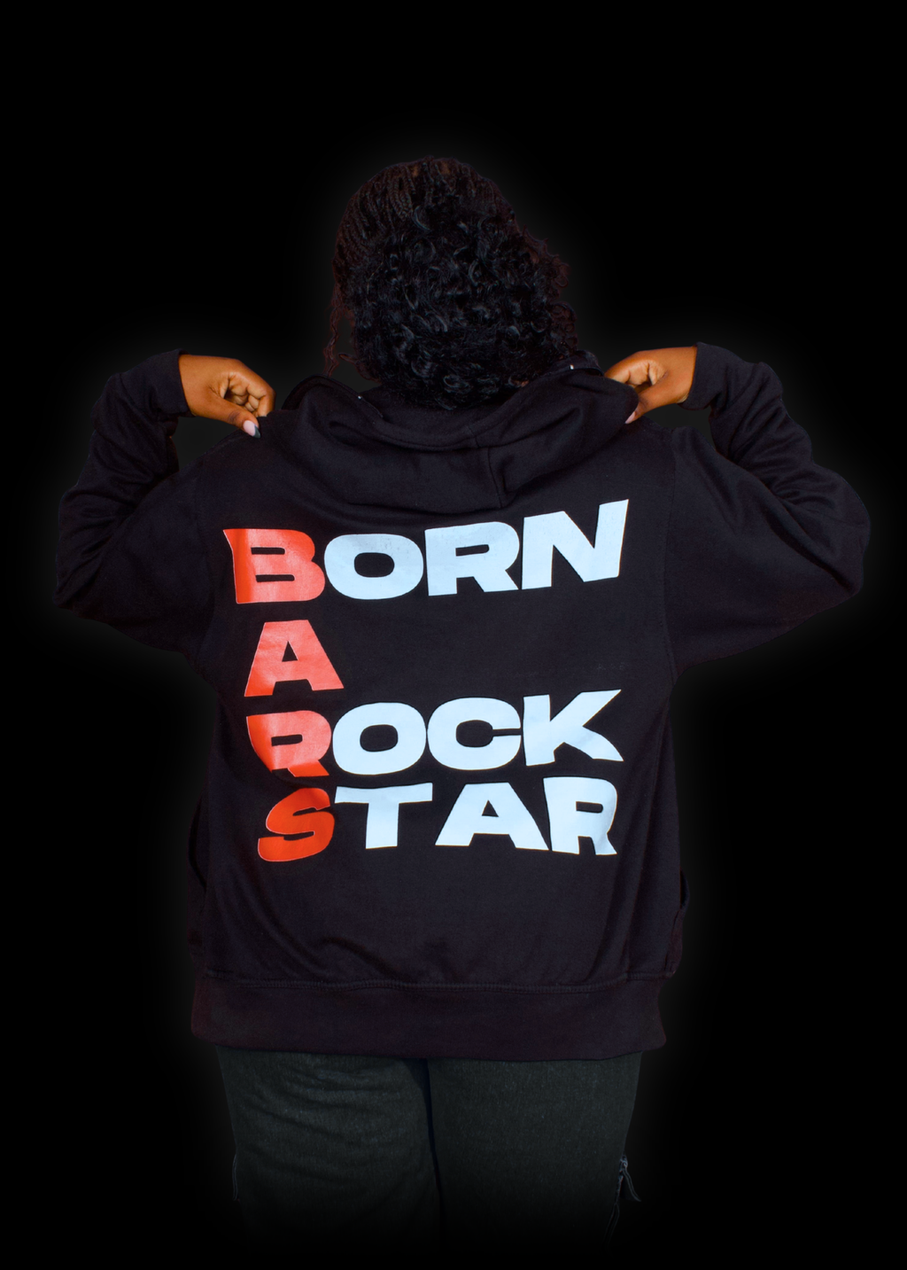 BARS Zip-Up Hoodie: black zip-up with Born A Rockstar on the back