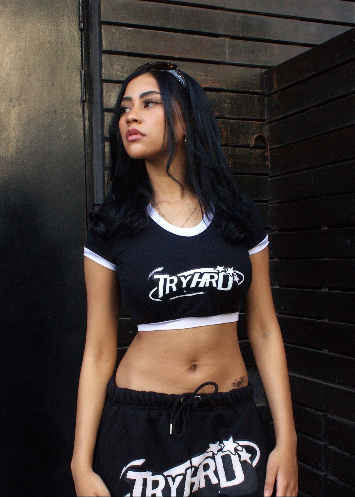 TryHrd Baby Fit Crop Top: black crop top with white trim