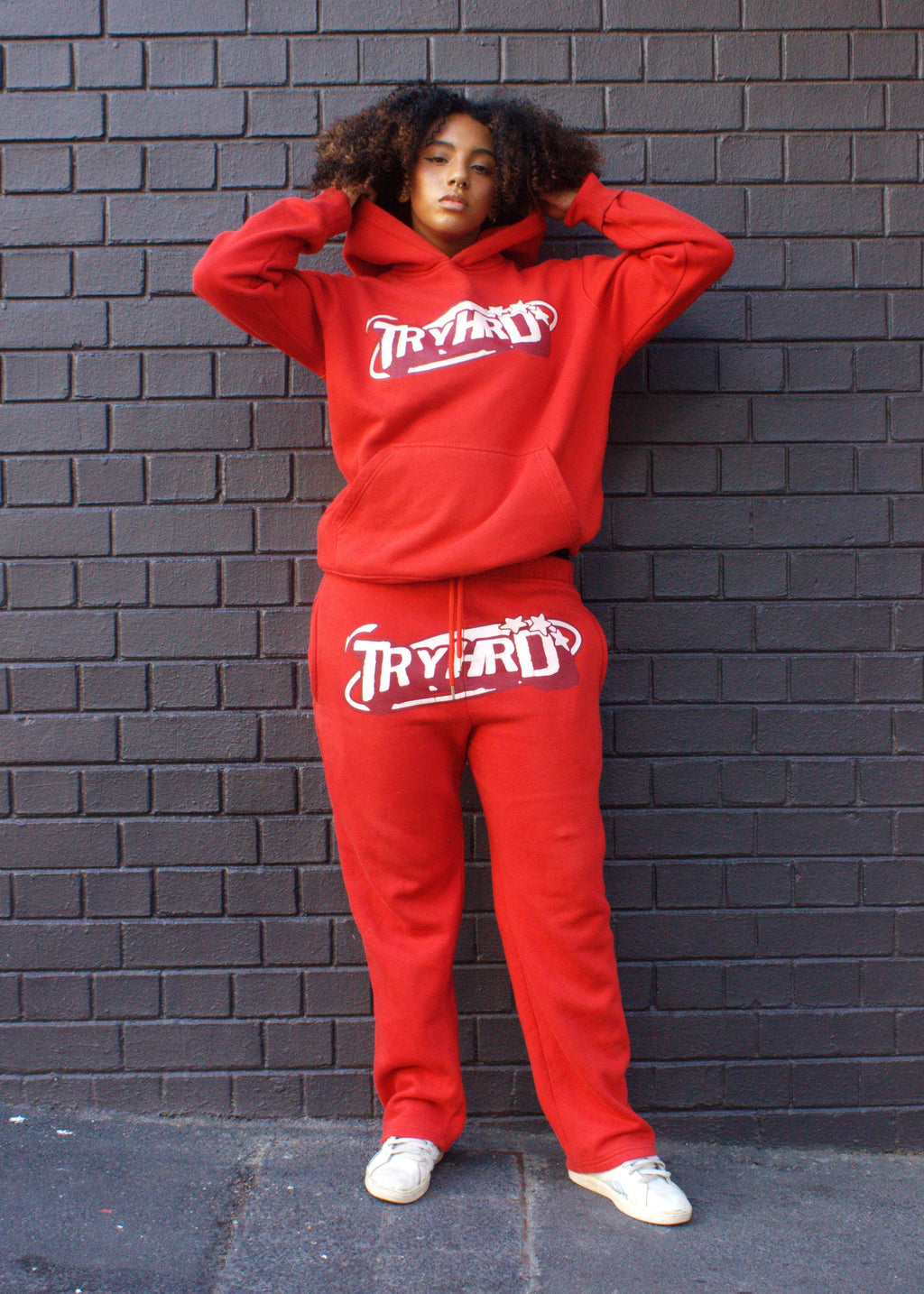 TryHrder Tracksuit in red: puff print hoodie and joggers