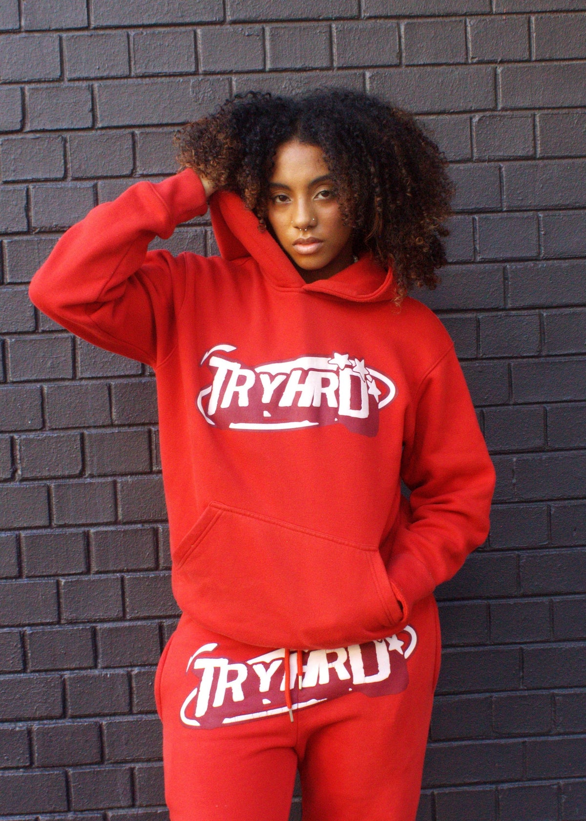TryHrder Tracksuit in red: puff print hoodie and joggers