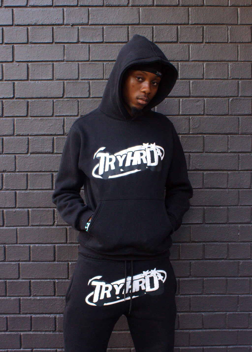 TryHrder Tracksuit in black: puff print hoodie and joggers