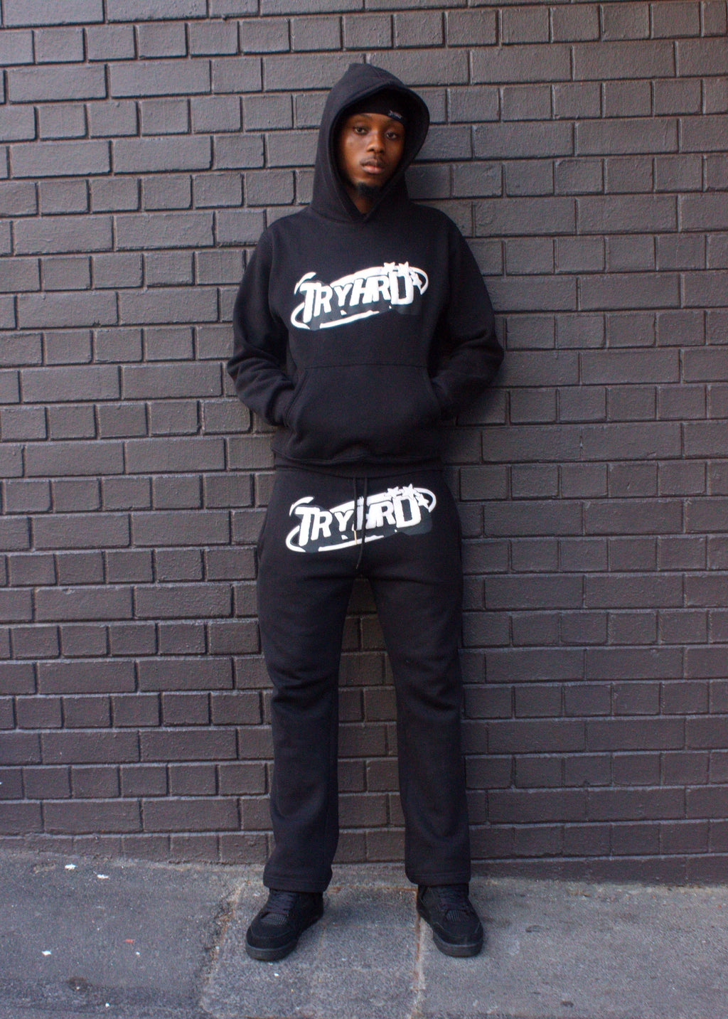 TryHrder Tracksuit in black: puff print hoodie and joggers