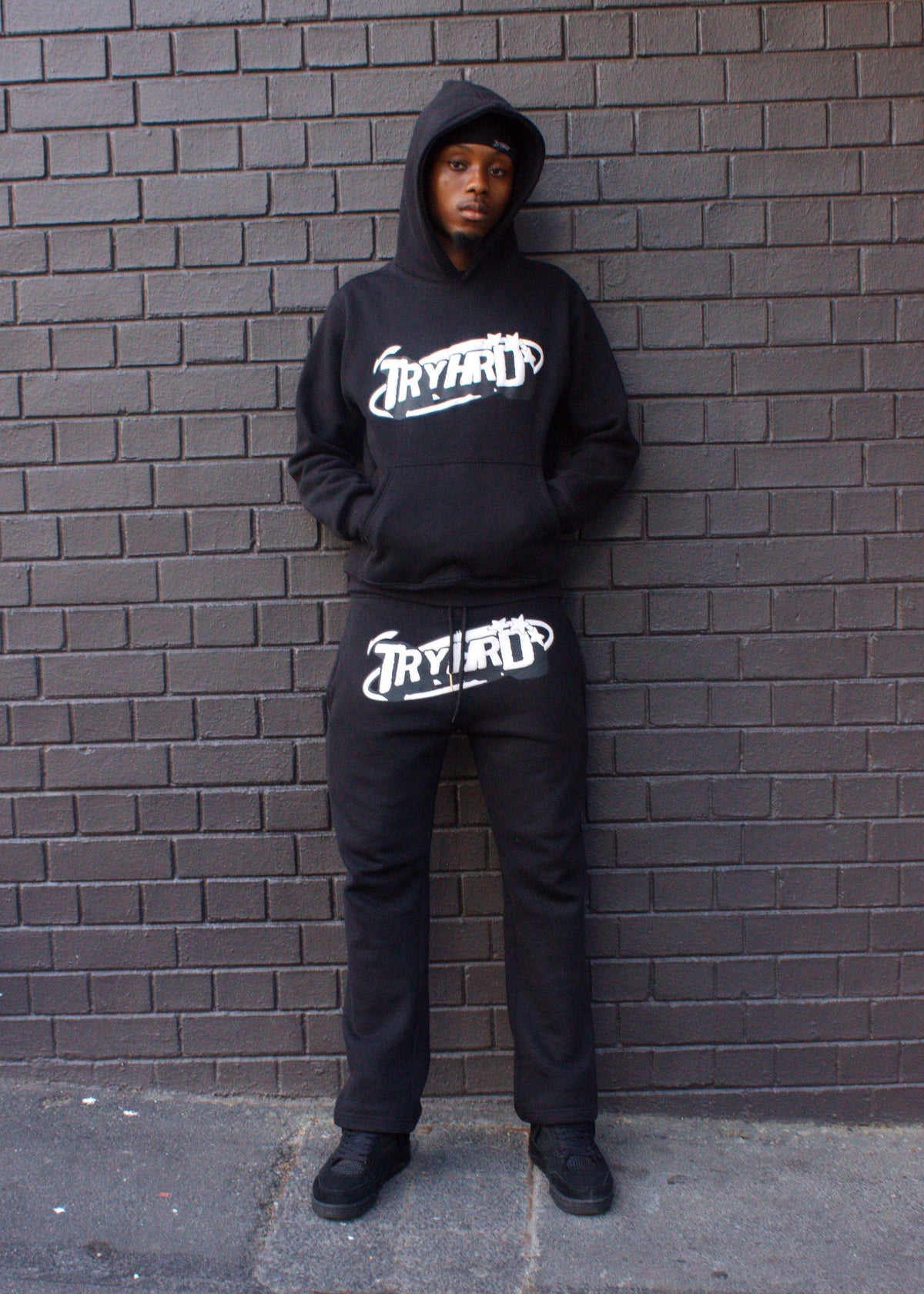 TryHrder Tracksuit in black: puff print hoodie and joggers