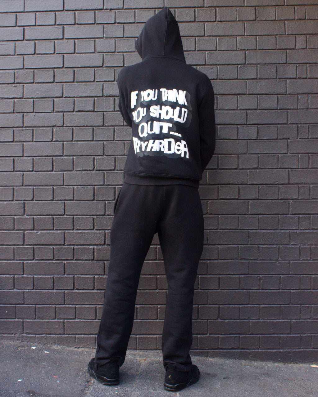 TryHrder Tracksuit in black: puff print hoodie and joggers