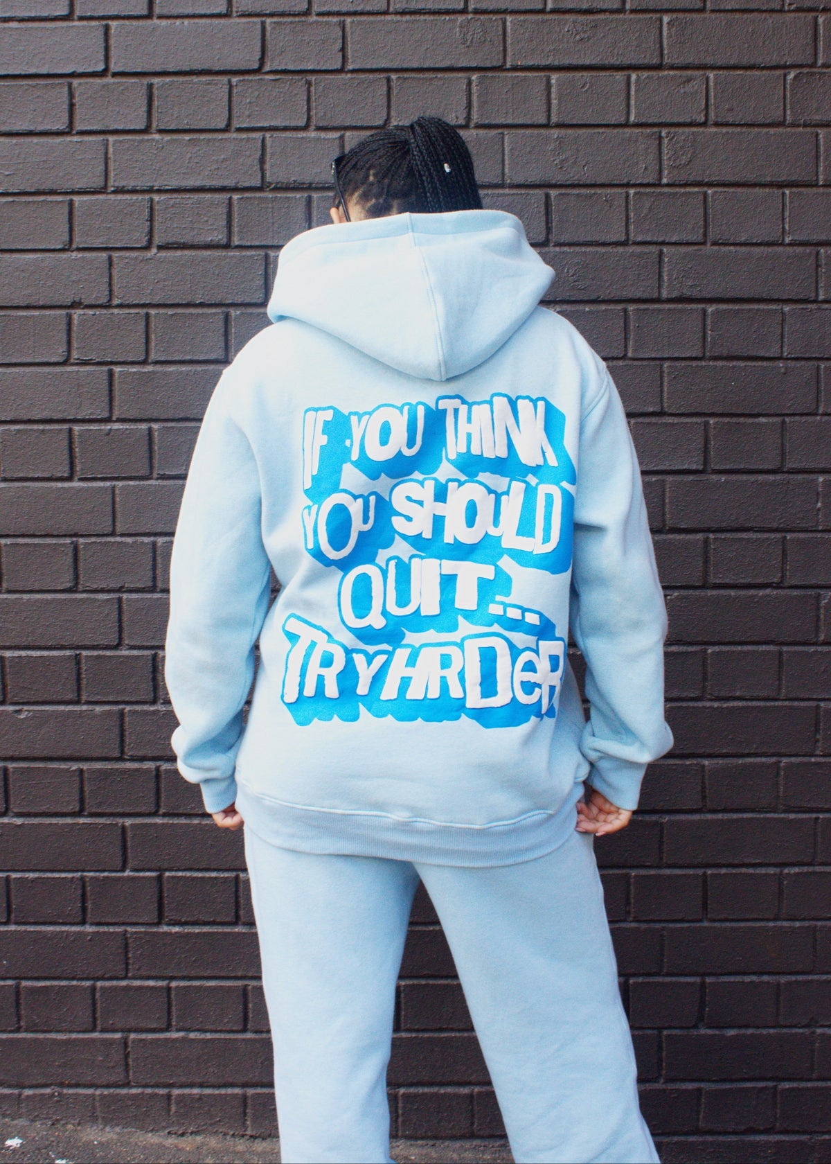TryHrder Tracksuit in blue: puff print hoodie and joggers