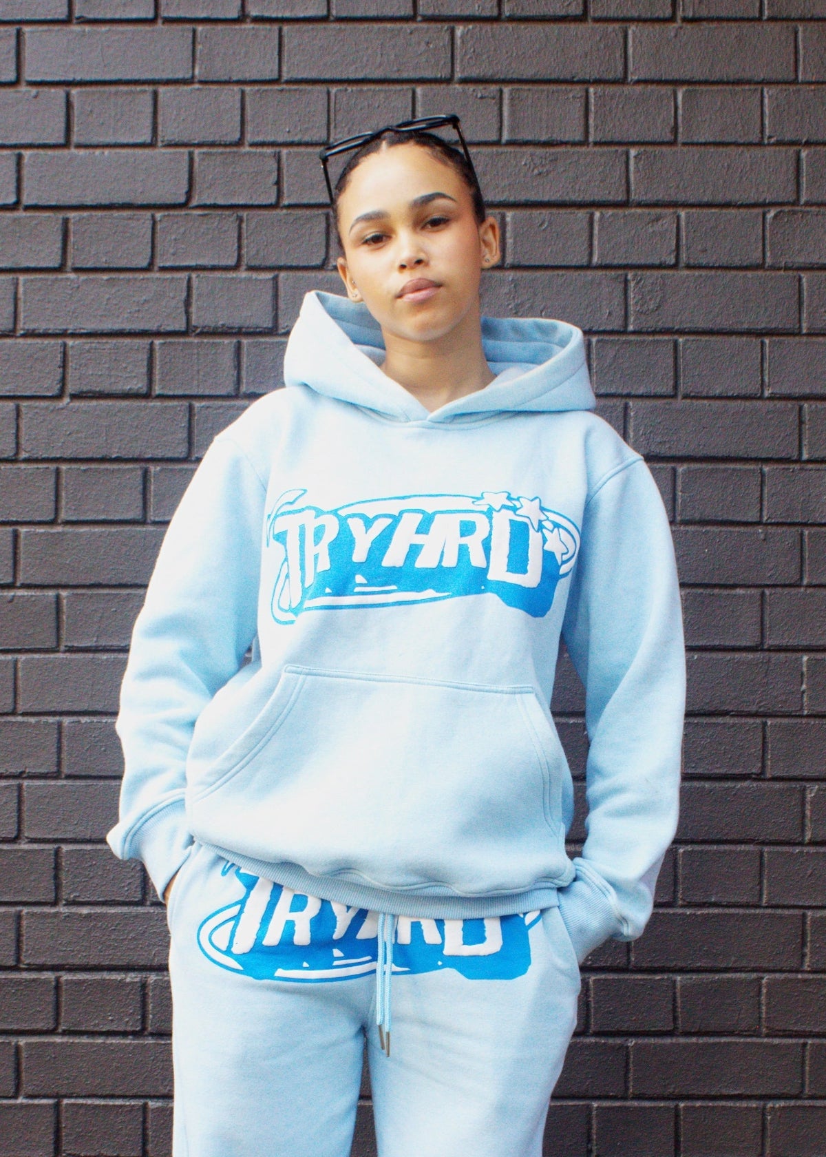 TryHrder Tracksuit in blue: puff print hoodie and joggers