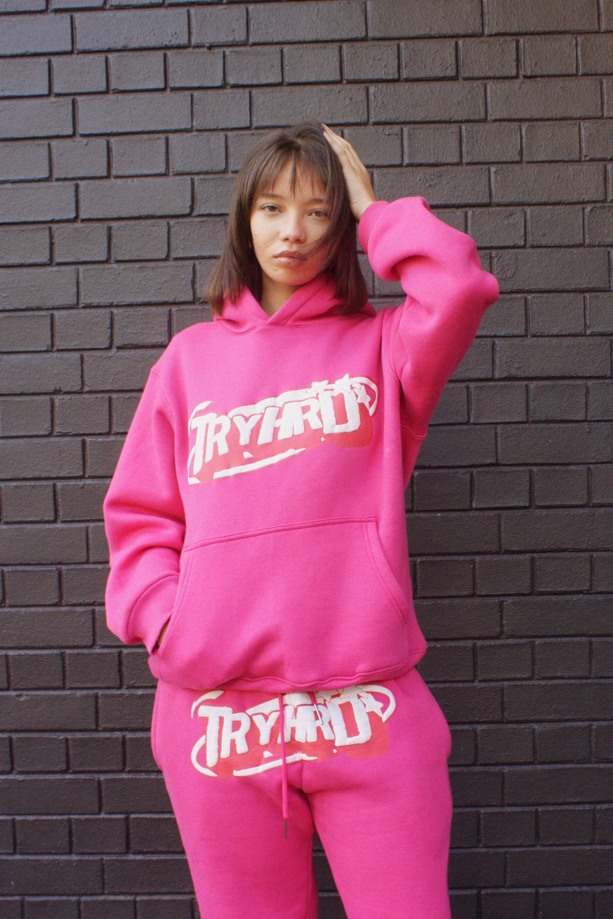 TryHrder Tracksuit in pink: puff print hoodie and joggers