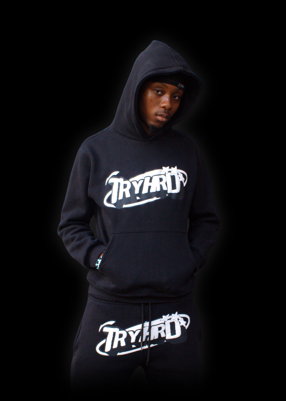 TryHrder Tracksuit in black: puff print hoodie and joggers