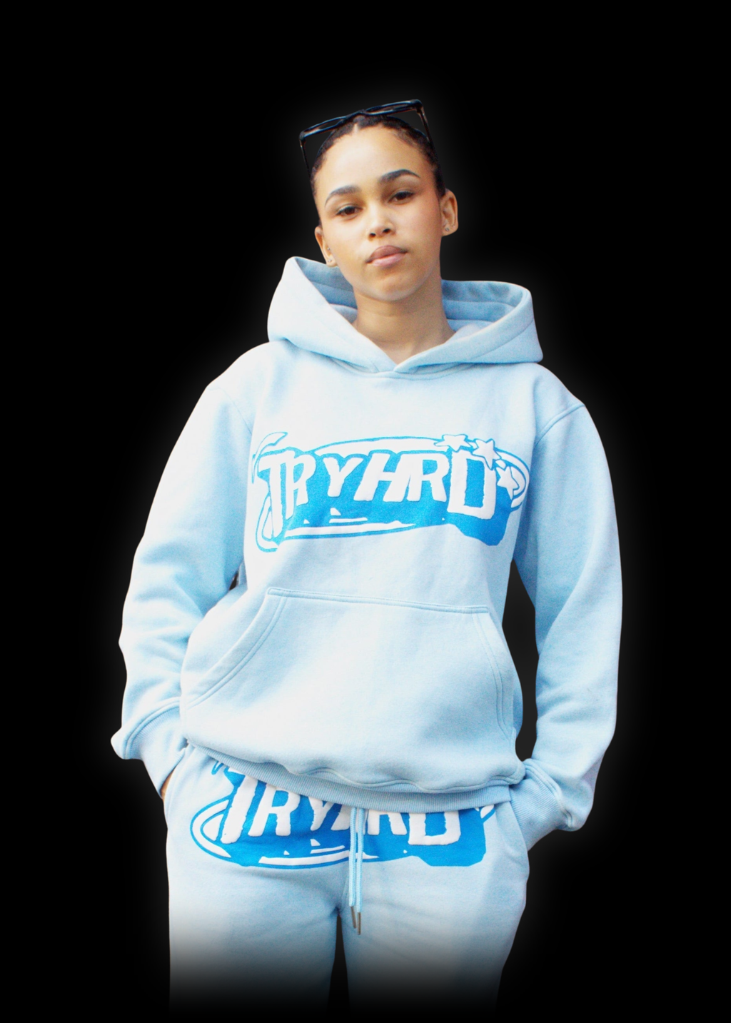 TryHrder Tracksuit in blue: puff print hoodie and joggers