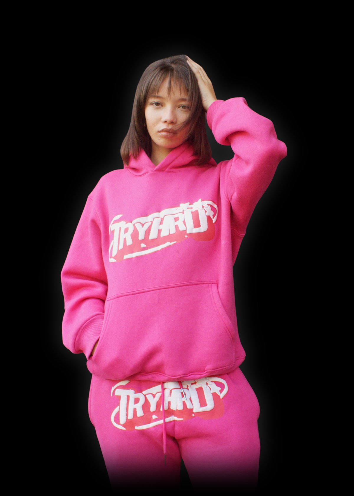 TryHrder Tracksuit in pink: puff print hoodie and joggers
