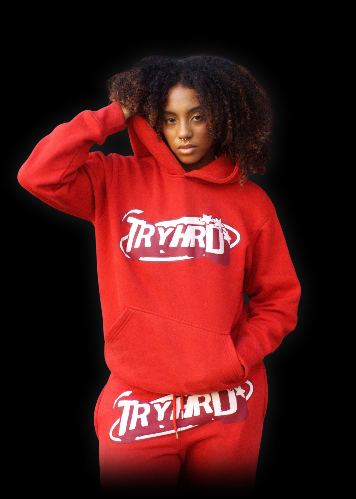 TryHrder Tracksuit in red: puff print hoodie and joggers
