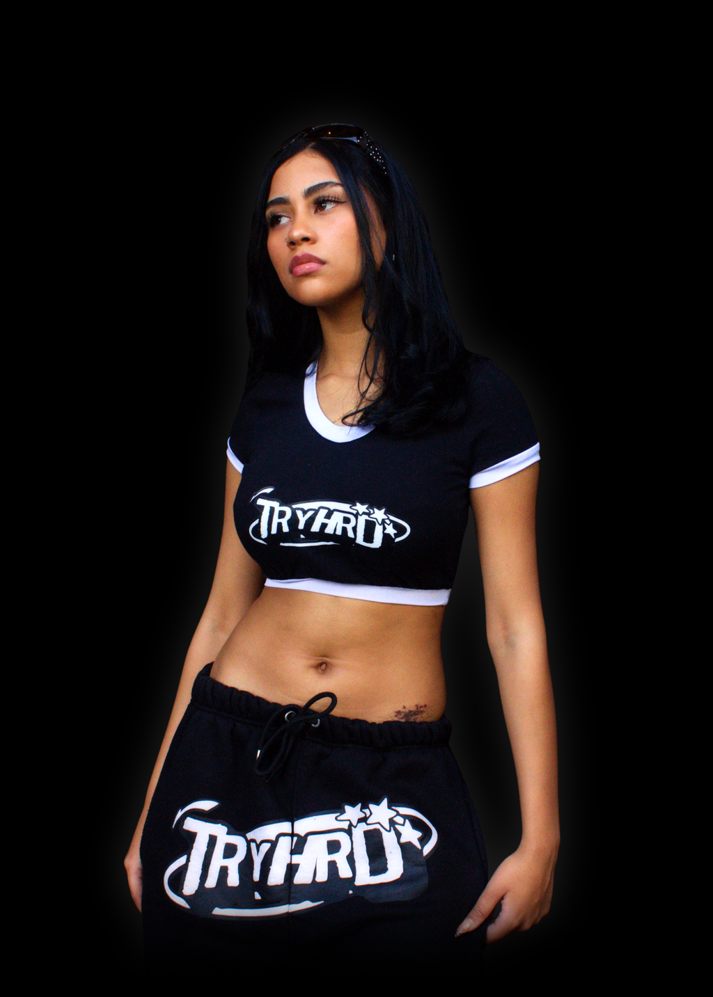TryHrd Baby Fit Crop Top: black crop top with white trim