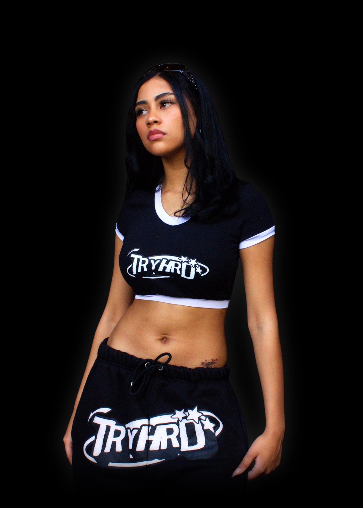 TryHrd Baby Fit Crop Top: black crop top with white trim